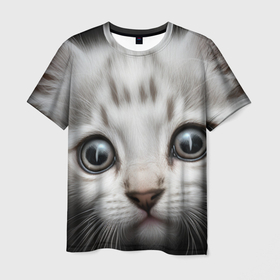 Мужская футболка 3D с принтом Белый котенок на черном фоне в Белгороде, 100% полиэфир | прямой крой, круглый вырез горловины, длина до линии бедер | Тематика изображения на принте: 