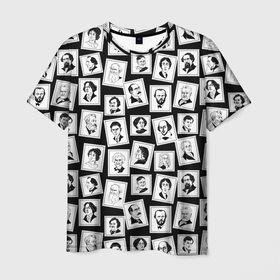 Мужская футболка 3D с принтом Марки с великими писателями, черный фон в Тюмени, 100% полиэфир | прямой крой, круглый вырез горловины, длина до линии бедер | 