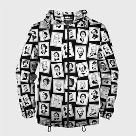 Мужская ветровка 3D с принтом Марки с великими писателями, черный фон в Екатеринбурге, 100% полиэстер | подол и капюшон оформлены резинкой с фиксаторами, два кармана без застежек по бокам, один потайной карман на груди | 