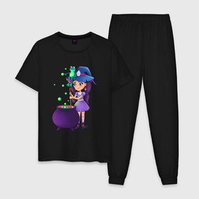 Мужская пижама хлопок с принтом Милая Девочка ведьма варит зелье в котле в Тюмени, 100% хлопок | брюки и футболка прямого кроя, без карманов, на брюках мягкая резинка на поясе и по низу штанин
 | 