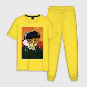 Мужская пижама хлопок с принтом Кот Ван Гога портрет с отрезанным ухом   пародия в Петрозаводске, 100% хлопок | брюки и футболка прямого кроя, без карманов, на брюках мягкая резинка на поясе и по низу штанин
 | 
