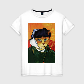 Женская футболка хлопок с принтом Кот Ван Гога портрет с отрезанным ухом   пародия в Петрозаводске, 100% хлопок | прямой крой, круглый вырез горловины, длина до линии бедер, слегка спущенное плечо | 