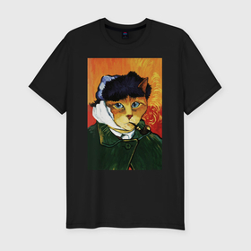 Мужская футболка хлопок Slim с принтом Кот Ван Гога портрет с отрезанным ухом   пародия в Петрозаводске, 92% хлопок, 8% лайкра | приталенный силуэт, круглый вырез ворота, длина до линии бедра, короткий рукав | 