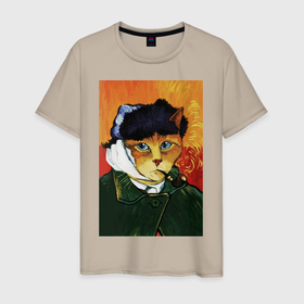 Мужская футболка хлопок с принтом Кот Ван Гога портрет с отрезанным ухом   пародия в Екатеринбурге, 100% хлопок | прямой крой, круглый вырез горловины, длина до линии бедер, слегка спущенное плечо. | 
