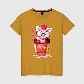 Женская футболка хлопок с принтом Котёнок в чайном стакане в Петрозаводске, 100% хлопок | прямой крой, круглый вырез горловины, длина до линии бедер, слегка спущенное плечо | 