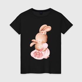 Женская футболка хлопок с принтом Зайка обнимает зайчонка в Новосибирске, 100% хлопок | прямой крой, круглый вырез горловины, длина до линии бедер, слегка спущенное плечо | 