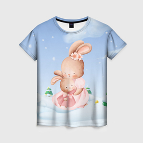 Женская футболка 3D с принтом Мама зайка обнимает зайчонка в Санкт-Петербурге, 100% полиэфир ( синтетическое хлопкоподобное полотно) | прямой крой, круглый вырез горловины, длина до линии бедер | 