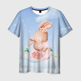 Мужская футболка 3D с принтом Мама зайка обнимает зайчонка , 100% полиэфир | прямой крой, круглый вырез горловины, длина до линии бедер | 