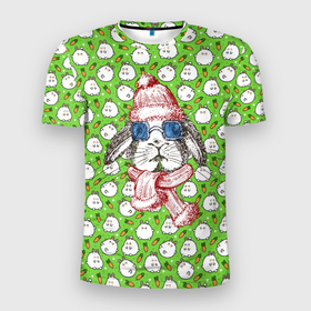 Мужская футболка 3D Slim с принтом Кролик в зимней шапке в Курске, 100% полиэстер с улучшенными характеристиками | приталенный силуэт, круглая горловина, широкие плечи, сужается к линии бедра | 