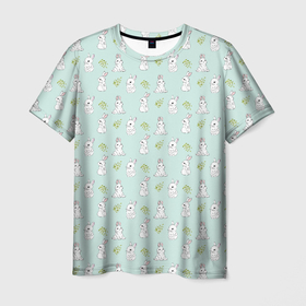 Мужская футболка 3D с принтом Зайцы с веточками омелы в Кировске, 100% полиэфир | прямой крой, круглый вырез горловины, длина до линии бедер | Тематика изображения на принте: 