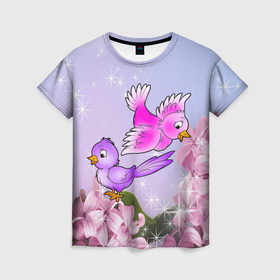 Женская футболка 3D с принтом Две пташки на цветочном фоне в Петрозаводске, 100% полиэфир ( синтетическое хлопкоподобное полотно) | прямой крой, круглый вырез горловины, длина до линии бедер | 