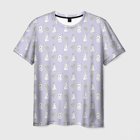 Мужская футболка 3D с принтом Зайцы с веточками омелы на лавандовом фоне , 100% полиэфир | прямой крой, круглый вырез горловины, длина до линии бедер | 