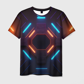 Мужская футболка 3D с принтом Симметричные неоновые линии в Санкт-Петербурге, 100% полиэфир | прямой крой, круглый вырез горловины, длина до линии бедер | 