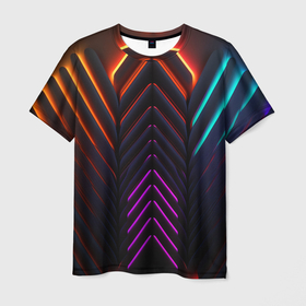 Мужская футболка 3D с принтом Неоновые симметричные линии в Санкт-Петербурге, 100% полиэфир | прямой крой, круглый вырез горловины, длина до линии бедер | 