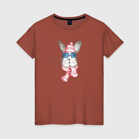 Женская футболка хлопок с принтом Кролик  новый год в Екатеринбурге, 100% хлопок | прямой крой, круглый вырез горловины, длина до линии бедер, слегка спущенное плечо | 