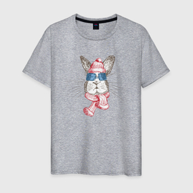 Мужская футболка хлопок с принтом Кролик новый год в Санкт-Петербурге, 100% хлопок | прямой крой, круглый вырез горловины, длина до линии бедер, слегка спущенное плечо. | 