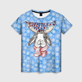Женская футболка 3D с принтом Кролик с рогами оленя в Петрозаводске, 100% полиэфир ( синтетическое хлопкоподобное полотно) | прямой крой, круглый вырез горловины, длина до линии бедер | 