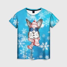 Женская футболка 3D с принтом новый год   кролик в Екатеринбурге, 100% полиэфир ( синтетическое хлопкоподобное полотно) | прямой крой, круглый вырез горловины, длина до линии бедер | 