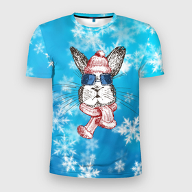 Мужская футболка 3D Slim с принтом Новый год кролик в Екатеринбурге, 100% полиэстер с улучшенными характеристиками | приталенный силуэт, круглая горловина, широкие плечи, сужается к линии бедра | 