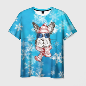 Мужская футболка 3D с принтом Новый год кролик в Курске, 100% полиэфир | прямой крой, круглый вырез горловины, длина до линии бедер | 