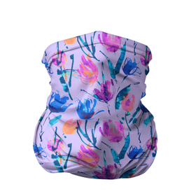 Бандана-труба 3D с принтом Синие и лиловые акварельные тюльпаны в Белгороде, 100% полиэстер, ткань с особыми свойствами — Activecool | плотность 150‒180 г/м2; хорошо тянется, но сохраняет форму | 