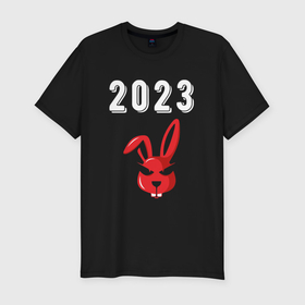 Мужская футболка хлопок Slim с принтом 2023 Кролик суровый: символ и надпись , 92% хлопок, 8% лайкра | приталенный силуэт, круглый вырез ворота, длина до линии бедра, короткий рукав | 