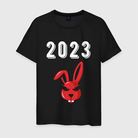 Мужская футболка хлопок с принтом 2023 Кролик суровый: символ и надпись , 100% хлопок | прямой крой, круглый вырез горловины, длина до линии бедер, слегка спущенное плечо. | 