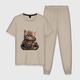 Мужская пижама хлопок с принтом Милый кот в очках и кожаной куртке в Кировске, 100% хлопок | брюки и футболка прямого кроя, без карманов, на брюках мягкая резинка на поясе и по низу штанин
 | 