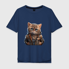 Мужская футболка хлопок Oversize с принтом Милый кот в очках и кожаной куртке в Петрозаводске, 100% хлопок | свободный крой, круглый ворот, “спинка” длиннее передней части | 
