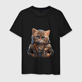 Мужская футболка хлопок с принтом Милый кот в очках и кожаной куртке в Новосибирске, 100% хлопок | прямой крой, круглый вырез горловины, длина до линии бедер, слегка спущенное плечо. | 