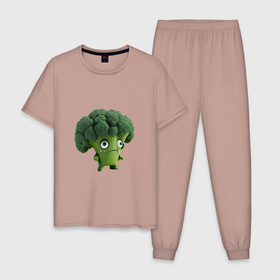 Мужская пижама хлопок с принтом Зеленый брокколи в Кировске, 100% хлопок | брюки и футболка прямого кроя, без карманов, на брюках мягкая резинка на поясе и по низу штанин
 | 