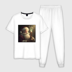 Мужская пижама хлопок с принтом Сказочный кальян у Деда Мороза в Екатеринбурге, 100% хлопок | брюки и футболка прямого кроя, без карманов, на брюках мягкая резинка на поясе и по низу штанин
 | 