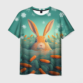 Мужская футболка 3D с принтом Кролик в море моркови в Петрозаводске, 100% полиэфир | прямой крой, круглый вырез горловины, длина до линии бедер | 