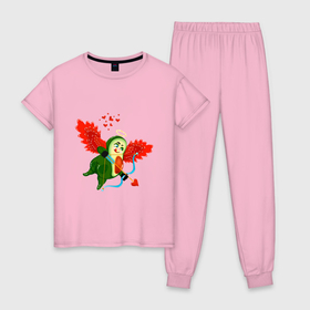 Женская пижама хлопок с принтом Авокадо Купидон в Тюмени, 100% хлопок | брюки и футболка прямого кроя, без карманов, на брюках мягкая резинка на поясе и по низу штанин | 
