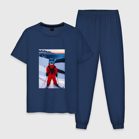 Мужская пижама хлопок с принтом Кот горнолыжник в Новосибирске, 100% хлопок | брюки и футболка прямого кроя, без карманов, на брюках мягкая резинка на поясе и по низу штанин
 | 