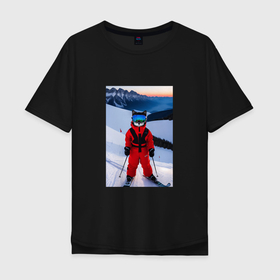 Мужская футболка хлопок Oversize с принтом Кот горнолыжник в Новосибирске, 100% хлопок | свободный крой, круглый ворот, “спинка” длиннее передней части | 