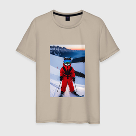 Мужская футболка хлопок с принтом Кот горнолыжник в Новосибирске, 100% хлопок | прямой крой, круглый вырез горловины, длина до линии бедер, слегка спущенное плечо. | 
