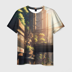 Мужская футболка 3D с принтом Японский город будущего , 100% полиэфир | прямой крой, круглый вырез горловины, длина до линии бедер | 