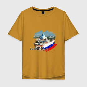 Мужская футболка хлопок Oversize с принтом Санкт Петербург и флаг России в Петрозаводске, 100% хлопок | свободный крой, круглый ворот, “спинка” длиннее передней части | 