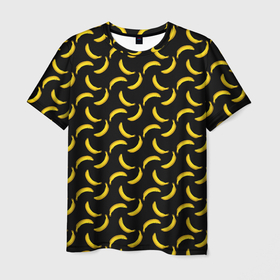 Мужская футболка 3D с принтом Бананы паттерн на чёрном фоне в Курске, 100% полиэфир | прямой крой, круглый вырез горловины, длина до линии бедер | 