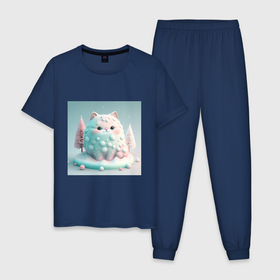 Мужская пижама хлопок с принтом Толстый снежный котик пастельные цвета в Санкт-Петербурге, 100% хлопок | брюки и футболка прямого кроя, без карманов, на брюках мягкая резинка на поясе и по низу штанин
 | 