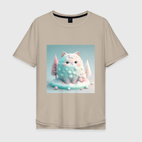 Мужская футболка хлопок Oversize с принтом Толстый снежный котик пастельные цвета в Санкт-Петербурге, 100% хлопок | свободный крой, круглый ворот, “спинка” длиннее передней части | Тематика изображения на принте: 