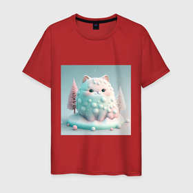Мужская футболка хлопок с принтом Толстый снежный котик пастельные цвета в Петрозаводске, 100% хлопок | прямой крой, круглый вырез горловины, длина до линии бедер, слегка спущенное плечо. | 