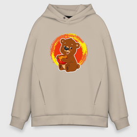 Мужское худи Oversize хлопок с принтом Мультяшный медвежонок с бочкой мёда в городе Новоалтайск, френч-терри — 70% хлопок, 30% полиэстер. Мягкий теплый начес внутри —100% хлопок | боковые карманы, эластичные манжеты и нижняя кромка, капюшон на магнитной кнопке | 