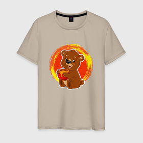Мужская футболка хлопок с принтом Мультяшный медвежонок с бочкой мёда в Белгороде, 100% хлопок | прямой крой, круглый вырез горловины, длина до линии бедер, слегка спущенное плечо. | 