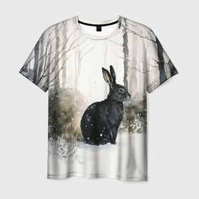 Мужская футболка 3D с принтом Чёрный кролик в зимнем лесу , 100% полиэфир | прямой крой, круглый вырез горловины, длина до линии бедер | Тематика изображения на принте: 
