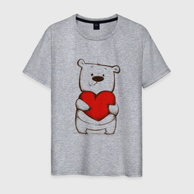 Мужская футболка хлопок с принтом Милый мишка с сердцем в Курске, 100% хлопок | прямой крой, круглый вырез горловины, длина до линии бедер, слегка спущенное плечо. | 