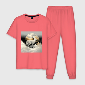 Мужская пижама хлопок с принтом Заяц символ 2023 Нового года кролик в Санкт-Петербурге, 100% хлопок | брюки и футболка прямого кроя, без карманов, на брюках мягкая резинка на поясе и по низу штанин
 | 