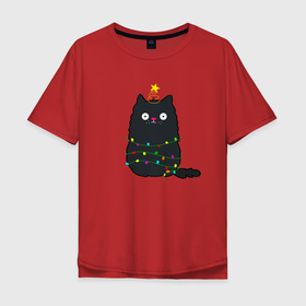 Мужская футболка хлопок Oversize с принтом Ёлка кот в Екатеринбурге, 100% хлопок | свободный крой, круглый ворот, “спинка” длиннее передней части | Тематика изображения на принте: 