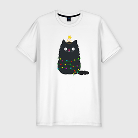 Мужская футболка хлопок Slim с принтом Ёлка кот в Тюмени, 92% хлопок, 8% лайкра | приталенный силуэт, круглый вырез ворота, длина до линии бедра, короткий рукав | Тематика изображения на принте: 